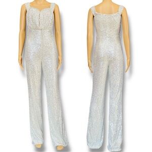 Silver Sequin Off-Shoulder Wide-Leg Jumpsuit
